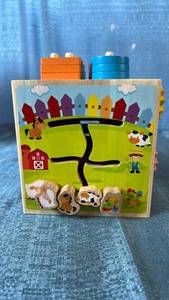lot 2021 image: Wooden Activity Cube Toy 4-in-1 Farm Animals Shapes Clock Bead Maze