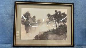 lot 2144 image: Framed Watercolor Landscape Painting with Black and Gold Frame 24x18