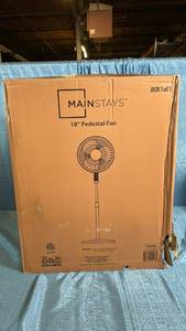 lot 3006 image: Mainstays 48-Inch Tall Pedestal Fan  3-Speed Oscillating  Adjustable 18  Fan Head  Black  FS45-19MB