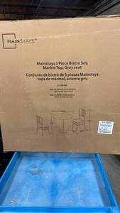 lot 3022 image: Mainstays 3 Piece Bistro Set Marble Top Grey Seat DS-1006-MBL