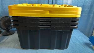 lot 8049 image: Edge Plastics Inc. Tough Tote 17 Gallon Storage Container 64 Liters. Includes 4 Totes and 3 Lids.