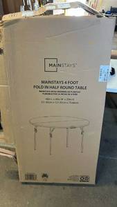 lot 8160 image: Mainstays 4 Foot Fold In Half Round Table 48in L x 48in W x 29in H