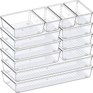 lot 2659 image: Criusia 12-Pack Clear Plastic Kitchen Drawer Organizer Set, 4-Size Trays