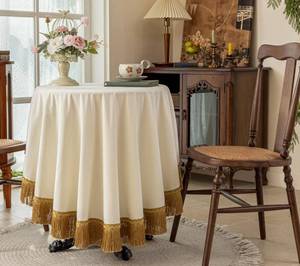 lot 2670 image: F-CHU White 70-Inch Round Velvet Tablecloth with Gold Tassels