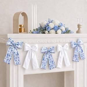lot 2673 image: 16.4ft Chinoiserie Blue White Floral Bow Garland with 5 Large Satin Bows