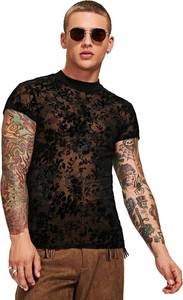 lot 2705 image: WDIRARA Mens Floral Print Mesh Sheer T Shirt Slim Fit Tee See-Through L