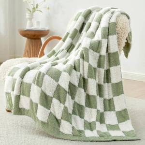lot 2713 image: Snuggle Sac Sage Green Checkered Throw Blanket Faux Fur Knit, Microfiber