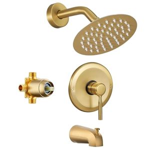 lot 2733 image: Tub Shower Faucet Set with Valve, 6-in Rain Head, Tub Spout, Brushed Gold