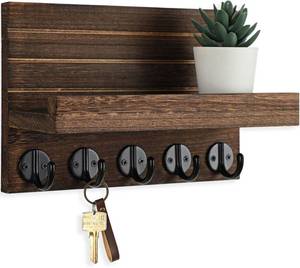 lot 2780 image: Lwenki Wall Key Holder with Shelf, Large Hooks, Paulownia Wood, Brown