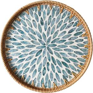 lot 2785 image: Rattan Tray with Mother of Pearl Inlay, Wooden Base  Coffee Table Tray