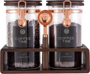 lot 2795 image: Glass Coffee & Sugar Canister Set with Wooden Shelf, 2 45oz Airtight Jars