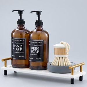 lot 2829 image: Soap Dispenser Set   16oz Amber Glass Bottles with Holder, 12 Labels, 6-Pack