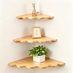 lot 2848 image: Fantasyon Corner Floating Shelf Wall Mount, Set of 3 Bamboo Corner Shelves