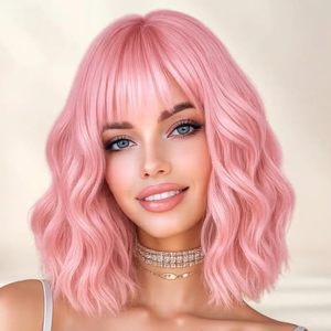 lot 2872 image: Pink Wig for Women   Short Wavy Pastel Bob with Bangs, 14in, Cosplay