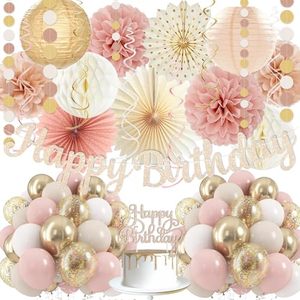 lot 2922 image: Boho-Pink Birthday Decorations Banner, Paper Lanterns, Honeycomb, Streamers