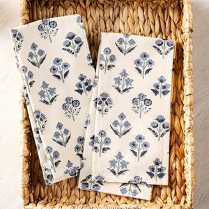 lot 2946 image: Multi-Purpose Block Print Floral Tea Towels Set of 2, Dusty Blue