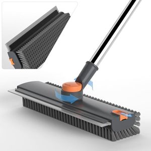 lot 2970 image: Floor Scrub Brush with Long Handle, 3-in-1 Scrape, Squeegee & Tweezer, Grey