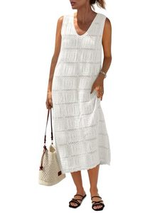 lot 3025 image: Fisoew Womens Crochet Sleeveless Dress V Neck Boho Cover Up Midi Tank Dress M-L