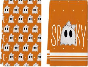 lot 3046 image: Artoid Mode Orange Ghost Halloween Kitchen Towels Set of 2 18x26 Inch