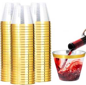 lot 3055 image: 200 Gold Rim 9oz Clear Plastic Wine Cups, Heavy Duty