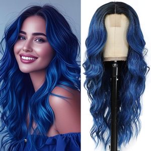 lot 3064 image: HMHIFI Ombre Blue Wig for Women,26 Inch Long Wavy Curly Middle Part Hair
