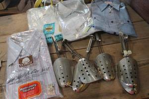 lot 3558 image: Vintage Metal Shoe Stretchers and NIP Mens Shirts Sz. L & More