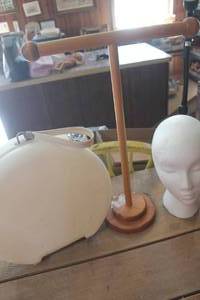 lot 3616 image: Wood Jewelry Rack, Styrofoam Head and Suitcase