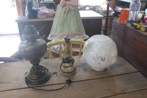 lot 3617 image: Antique Lamp Bases untested and Glass Lamp Globe
