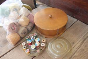 lot 3629 image: Wooden Vintage Sewing Box wNotions and More