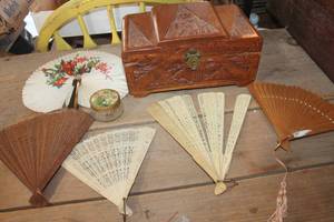 lot 3637 image: Vintage Wood Jewelry Box, Fans & Dresser Jar