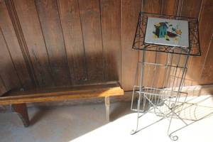 lot 3671 image: Metal Plant Stand needs repaired & Wood Shelf