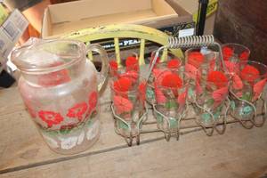 lot 3682 image: Vtg. MCM Glasses, Pitcher & Metal Carrier needs cleaning