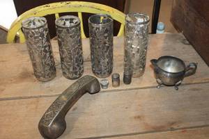 lot 3722 image: Vintage Metal Phone Handle Cover, Creamer, Glasses & More