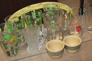 lot 3728 image: Vintage Glass Juice Pitcher, Small Crocks & More