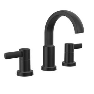 lot 40184 image: Delta Albion 8 in. Widespread Double Handle Bathroom Faucet with Drain Kit Included in Matte Black - Retail $193.21