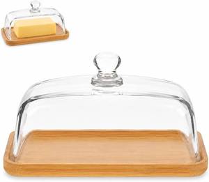lot 40193 image: Tofficu Glass Cake Dome with Bamboo Tray & Handle