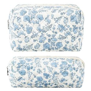 lot 40209 image: URSKYTOUS 2Pcs Floral Makeup Bag for Women Cotton Quilted Small Coquette Cosmetic Bag Cute Zipper Blue Flower Makeup Pouch Aesthetic Portable Pencil Case Travel Toiletry Bag Trendy Cloth Skincare Bag