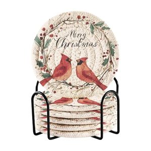 lot 40240 image: Christmas Coasters with Holder Wreath Cardinals Red Bird Coasters Set of 6 Cotton Woven Absorbent Cup Coaster Christmas Xmas Holiday Party Table Decor 4 Inches