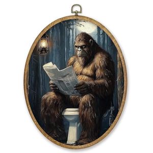 lot 40248 image: CGBHW Funny Orangutan Bathroom Oval Wall Art Decor, Monkey Reading Newspaper on Toilet Canvas Prints Framed, Dark Wall Art Hanging Decor for Home Bedroom Living Room Decorations, 8.6x11.4 Inch