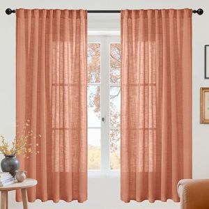 lot 40297 image: YoungsTex Burnt Orange Linen Curtains 68 Inches Long for Living Room - Semi Sheer Drapes Light Filtering with Rod Pocket Back Tab Rustic Lightweight for Bedroom Window, 2 Panels, 52 X 68 Inch