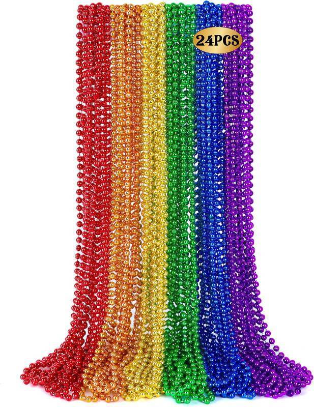 lot 12151 image: 24 PCS Rainbow Beads Necklaces, 33 Round Pride Beaded Bulk, LGBT Colorful Plastic Bead Necklaces, 6 Colors Pride Month Parade Throw Accessories Stuff for Gay Lesbian Party Supplies Decorations