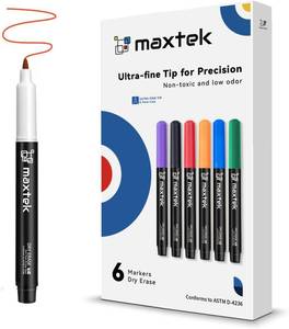 lot 40406 image: maxtek Dry Erase Markers, 0.7mm Ultra Fine Tip, 6 Count, 6 Colors