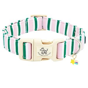 lot 40448 image: Elegant little tail Dog Collar, Cute Pink with Green Strip Pattern Pet Collars Soft Girl or Boy Adjustable Cotton Puppy Collar with Quick Release Buckle for Small Puppy