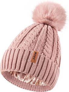 lot 40481 image: MSDC Satin Lined Beanie for Women with Pom Pom, Warm Womens Winter Hats with Silk Lined, Fashionable Knit Beanie Skull Cap