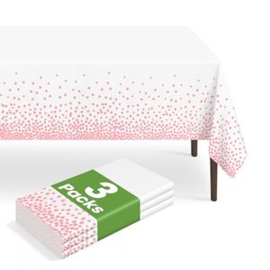lot 48051 image: 3 Pack White and Pink Dot Tablecloth, Pink Plastic Table Cloths for Parties Disposable, 54x108 in Waterproof Rectangular Camping Tablecloth for Birthday Party Baby Shower Picnic Valentines