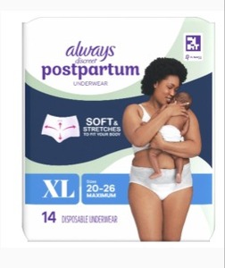 lot 48053 image: ALWAYS DISCREET POSTPARTUM UNDERWEAR XL 20-26 14 COUNT