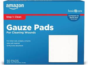 lot 48062 image: Amazon Basic Care Gauze Pads, 3x3 inches Sterile Medical Wound Dressing Sponges, 12-Ply, Ultra Soft, Extra Absorbent, 50 Count, 1-Pack (Previously All Health)