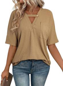 lot 48095 image: EVALESS Womens Summer Tops V Neck Short Sleeve Solid Loose Dressy Casual Basic T Shirts Tee Blouses SIZE S