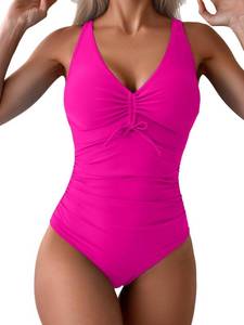 lot 48119 image: B2prity One Piece Swimsuit Slimming Tummy Control Bathing Suit Drawstring Ruched V Neck Swimwear for Curvy Women SIZE XXL
