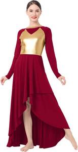lot 48129 image: AFAVOM Praise Dance Dress for Women Metallic Gold Liturgical Lyrical Dancewear Long Sleeve Asymmetric Chiffon Flowy Skirt SIZE XXL